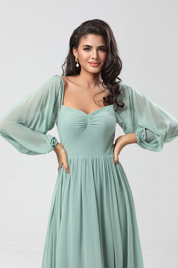 Chiffon Off The Shoulder Matcha Bridesmaid Dress with Long Sleeves