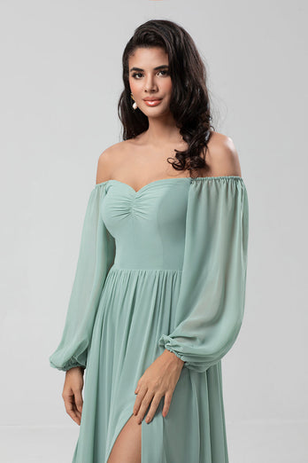 Chiffon Off The Shoulder Matcha Bridesmaid Dress with Long Sleeves