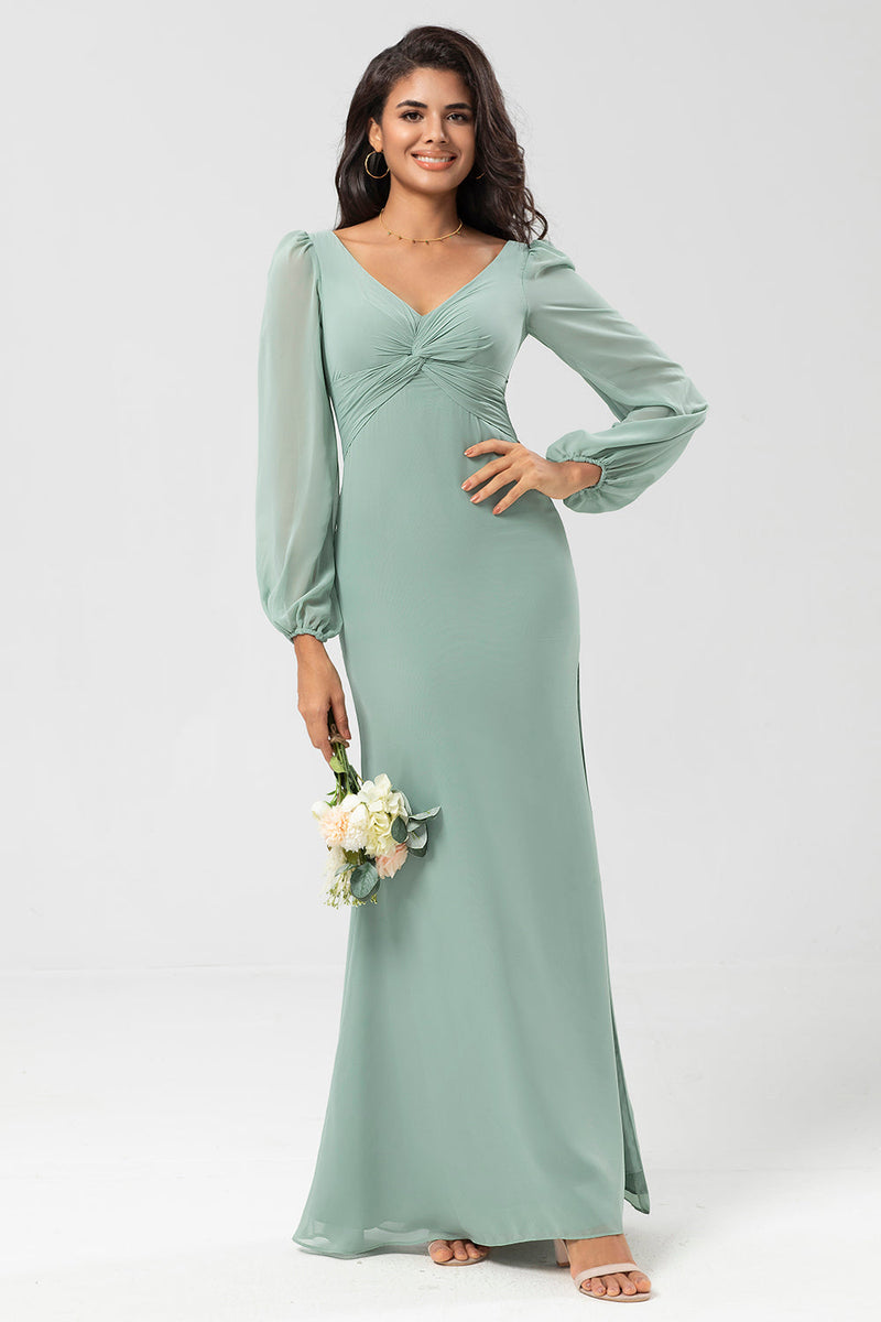 Load image into Gallery viewer, Mermaid Long Sleeves Matcha Bridesmaid Dress with Slit