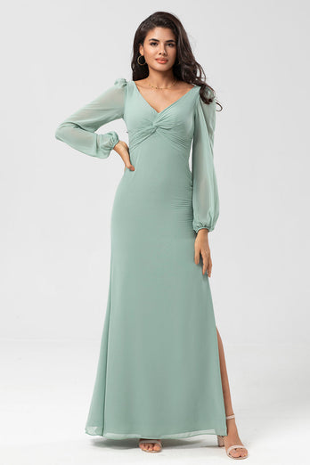 Mermaid Long Sleeves Matcha Bridesmaid Dress with Slit