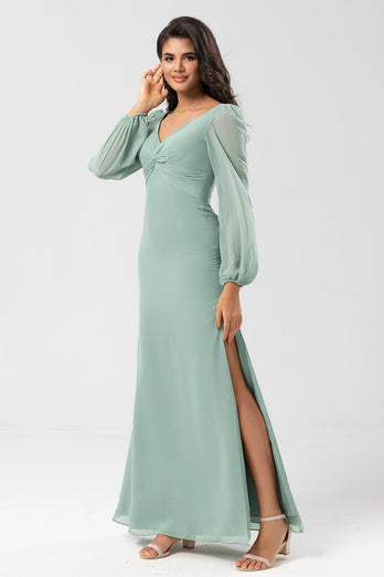 Mermaid Long Sleeves Matcha Bridesmaid Dress with Slit