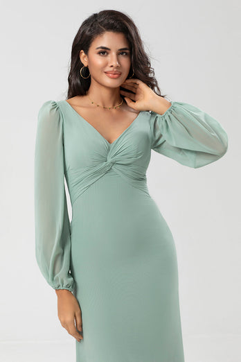 Mermaid Long Sleeves Matcha Bridesmaid Dress with Slit