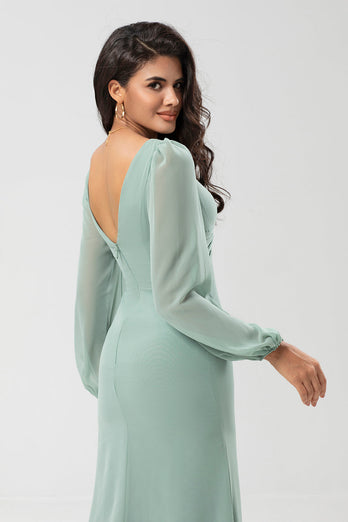 Mermaid Long Sleeves Matcha Bridesmaid Dress with Slit