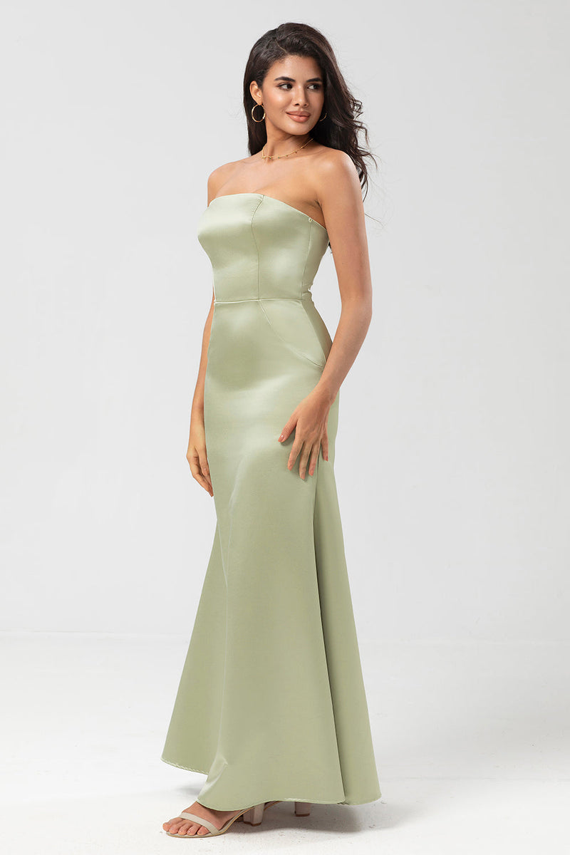 Load image into Gallery viewer, Satin Strapless Dusty Sage Bridesmaid Dress