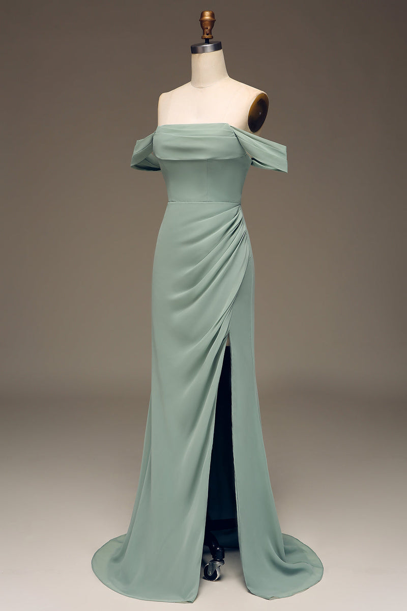 Load image into Gallery viewer, Dusty Sage Off the Shoulder Sheath Chiffon Pleated Long Bridesmaid Dress