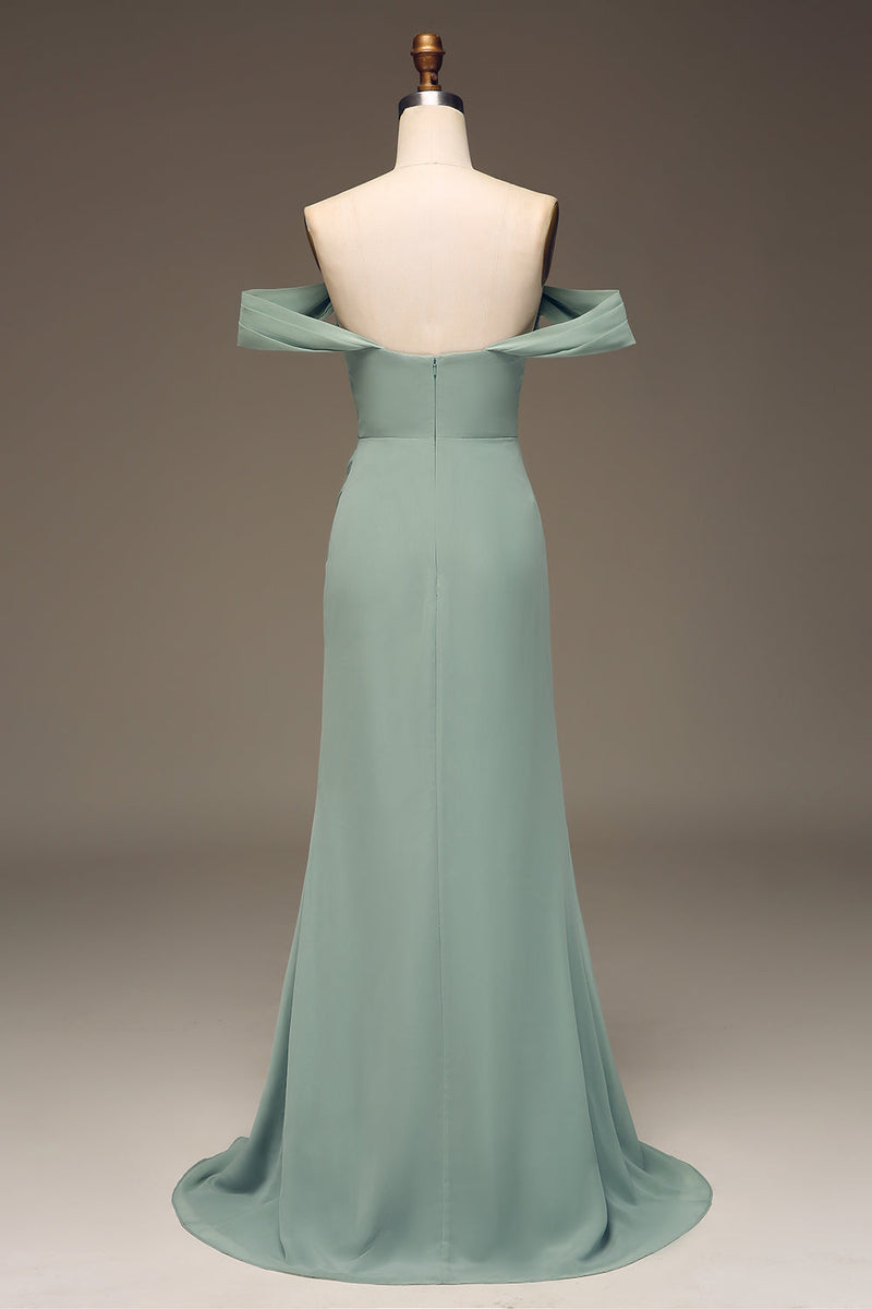 Load image into Gallery viewer, Dusty Sage Off the Shoulder Sheath Chiffon Pleated Long Bridesmaid Dress