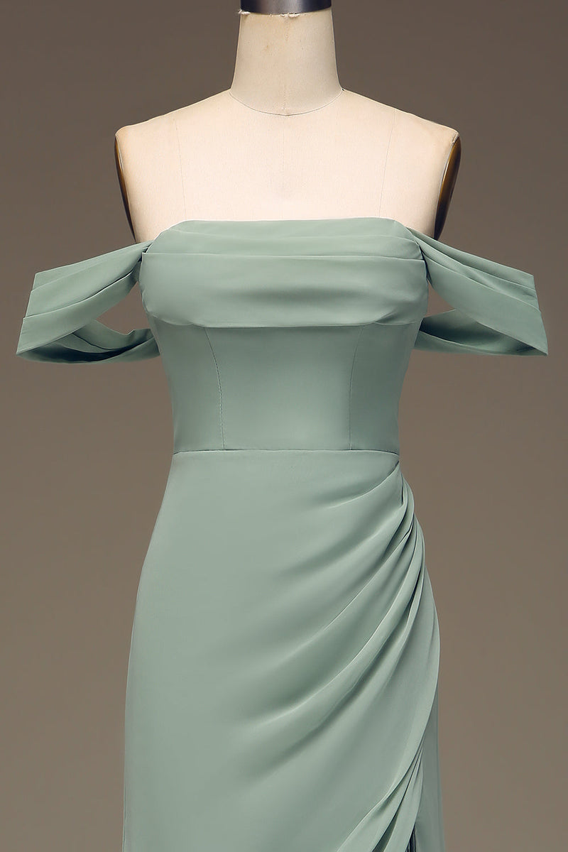 Load image into Gallery viewer, Dusty Sage Off the Shoulder Sheath Chiffon Pleated Long Bridesmaid Dress