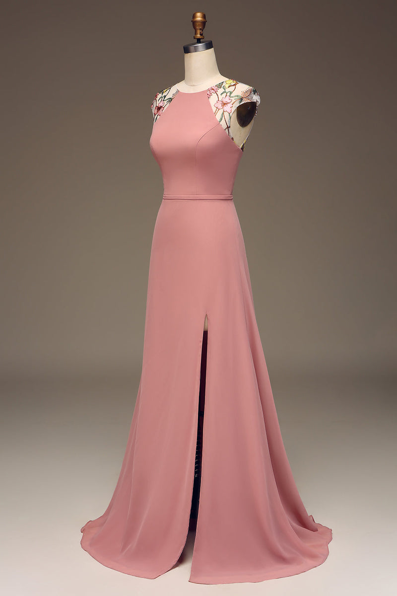 Load image into Gallery viewer, Dusty Rose A-line Chiffon and Embroidery Maxi Bridesmaid Dress