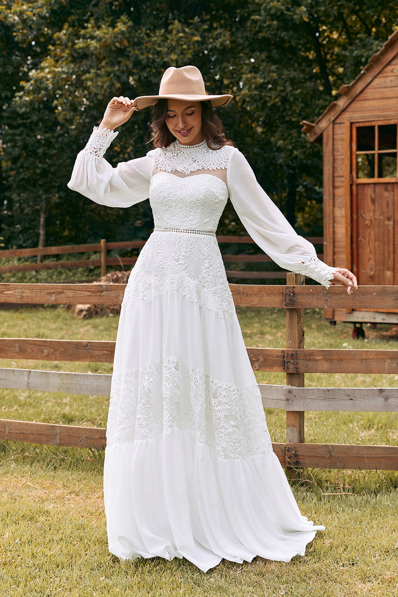 Load image into Gallery viewer, Ivory Long Sleeves Boho Wedding Dress with Lace