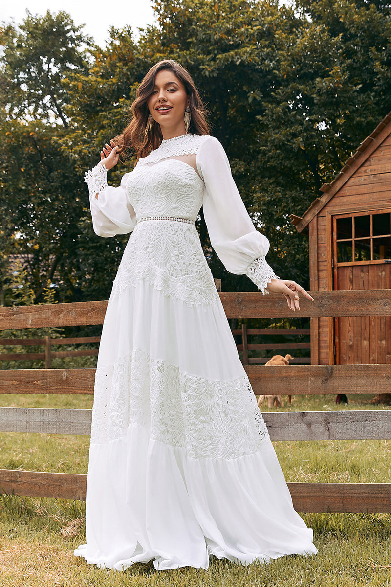 Load image into Gallery viewer, Ivory Long Sleeves Boho Wedding Dress with Lace