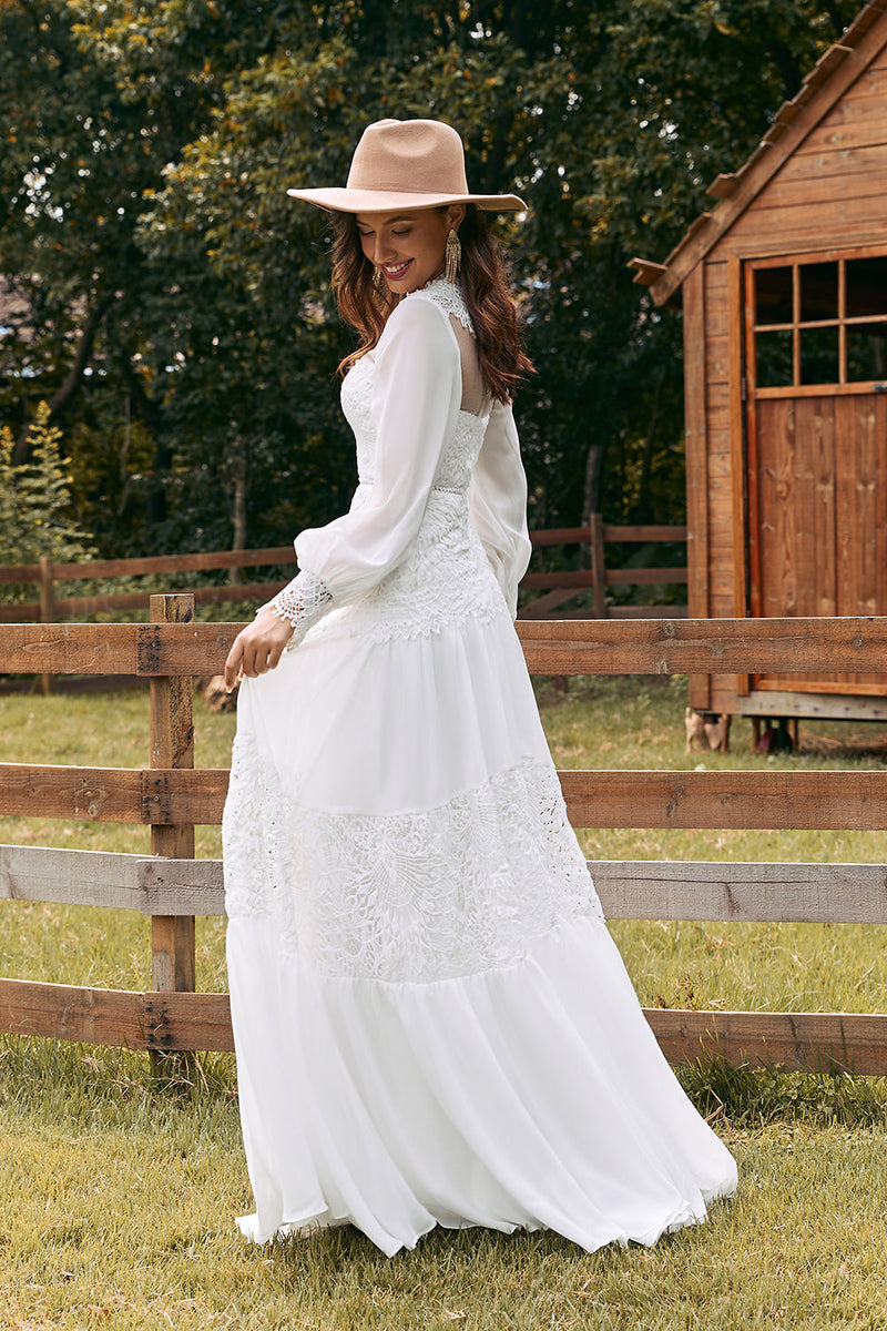 Load image into Gallery viewer, Ivory Long Sleeves Boho Wedding Dress with Lace