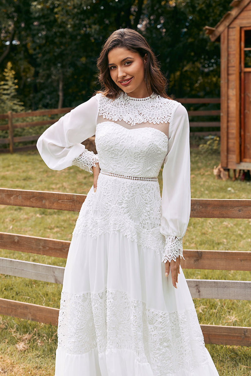 Load image into Gallery viewer, Ivory Long Sleeves Boho Wedding Dress with Lace