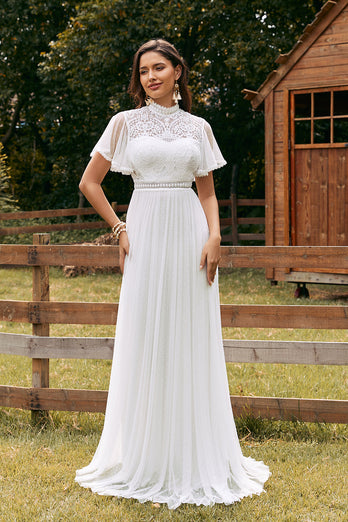 Vintage Ivory Chiffon Boho Wedding Dress with Lace