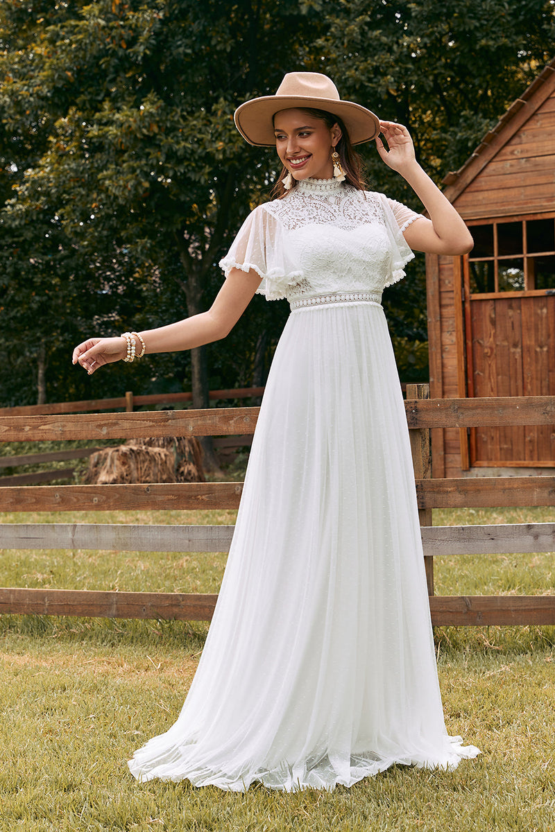 Load image into Gallery viewer, Vintage Ivory Chiffon Boho Wedding Dress with Lace