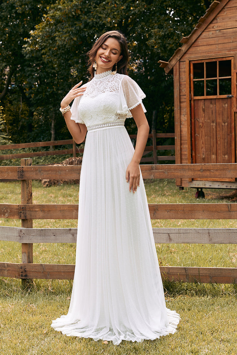 Load image into Gallery viewer, Vintage Ivory Chiffon Boho Wedding Dress with Lace