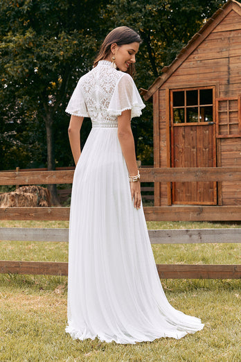 Vintage Ivory Chiffon Boho Wedding Dress with Lace