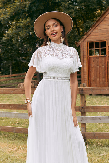 Vintage Ivory Chiffon Boho Wedding Dress with Lace