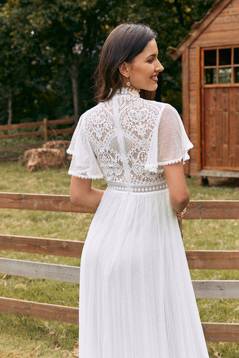 Vintage Ivory Chiffon Boho Wedding Dress with Lace