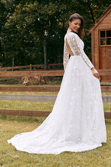 Ivory A-Line V-Neck Lace Sweep Train Wedding Dress with Sleeves