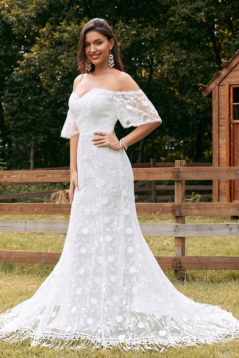 Load image into Gallery viewer, Ivory Mermaid Lace Sweep Train Wedding Dress with Sleeves