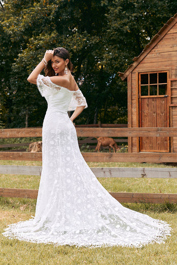 Ivory Mermaid Lace Sweep Train Wedding Dress with Sleeves