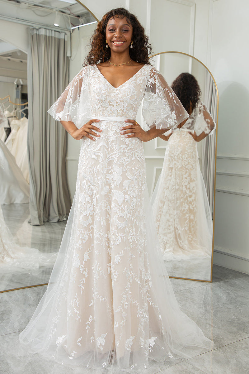 Load image into Gallery viewer, Ivory Batwing Sleeves Lace Sweep Train Wedding Dress