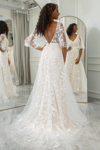 Ivory Batwing Sleeves Lace Sweep Train Wedding Dress