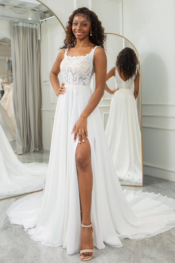 Ivory Scoop Neck Boho Chiffon Wedding Dress with Lace