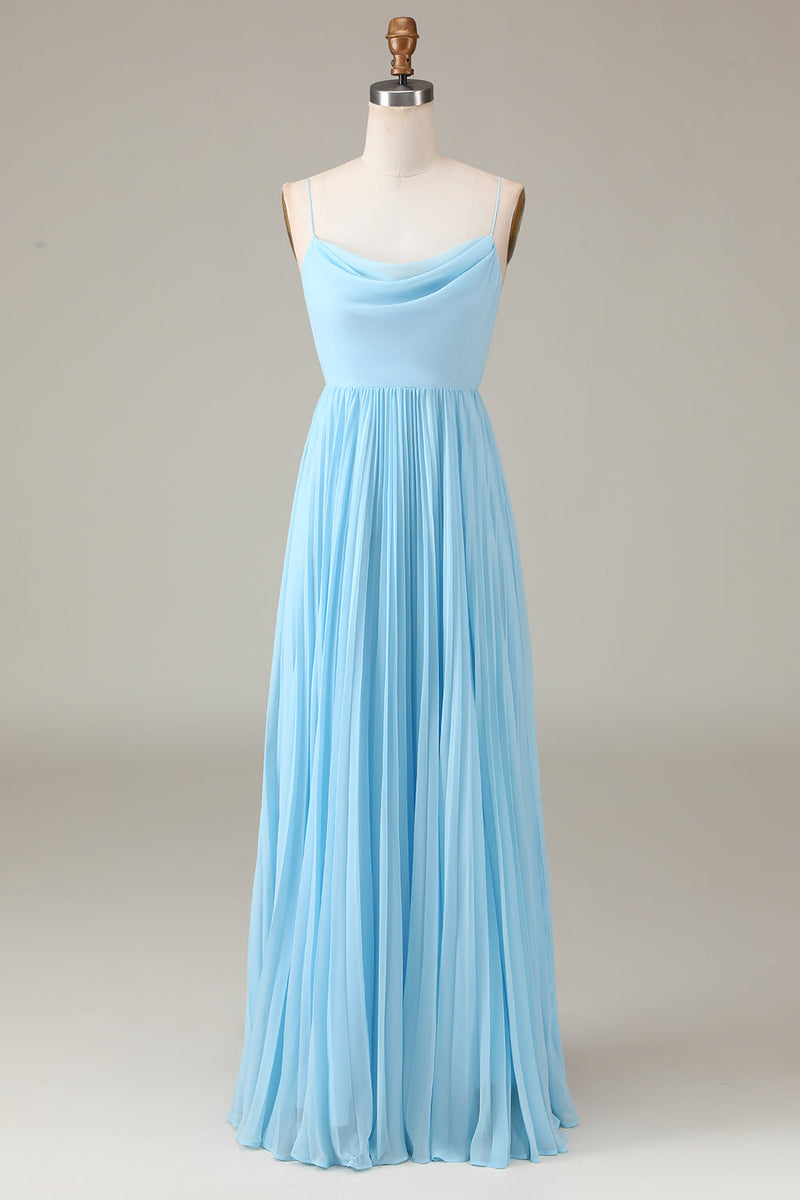 Load image into Gallery viewer, Sky Blue Spaghetti Straps Cowl Neck Pleated Open Back A-line Chiffon Bridesmaid Dress