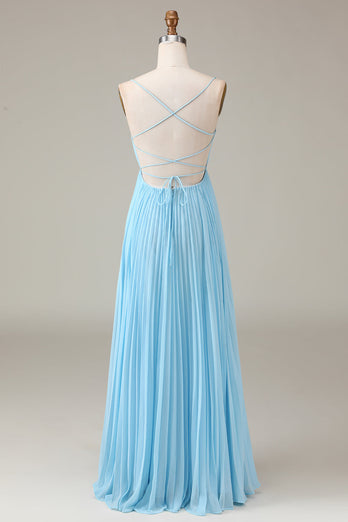 Sky Blue Spaghetti Straps Cowl Neck Pleated Open Back A-line Chiffon Bridesmaid Dress