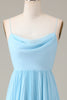 Load image into Gallery viewer, Sky Blue Spaghetti Straps Cowl Neck Pleated Open Back A-line Chiffon Bridesmaid Dress