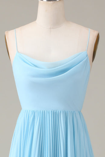 Sky Blue Spaghetti Straps Cowl Neck Pleated Open Back A-line Chiffon Bridesmaid Dress