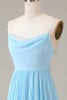 Load image into Gallery viewer, Sky Blue Spaghetti Straps Cowl Neck Pleated Open Back A-line Chiffon Bridesmaid Dress