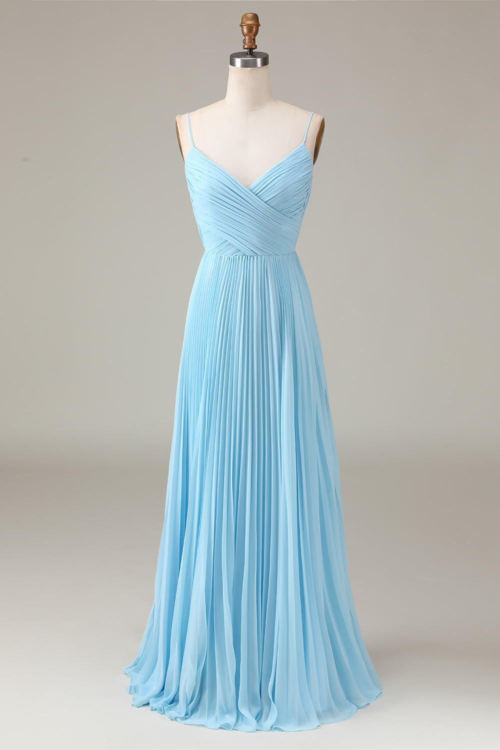 Sky Blue Spaghetti Straps V-neck A-line Pleated Chiffon Bridesmaid Dress