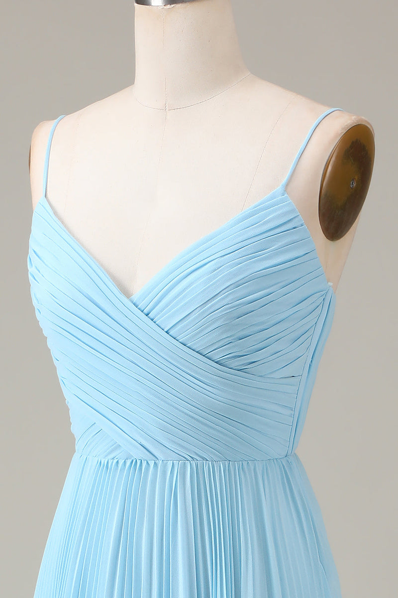 Load image into Gallery viewer, Sky Blue Spaghetti Straps V-neck A-line Pleated Chiffon Bridesmaid Dress