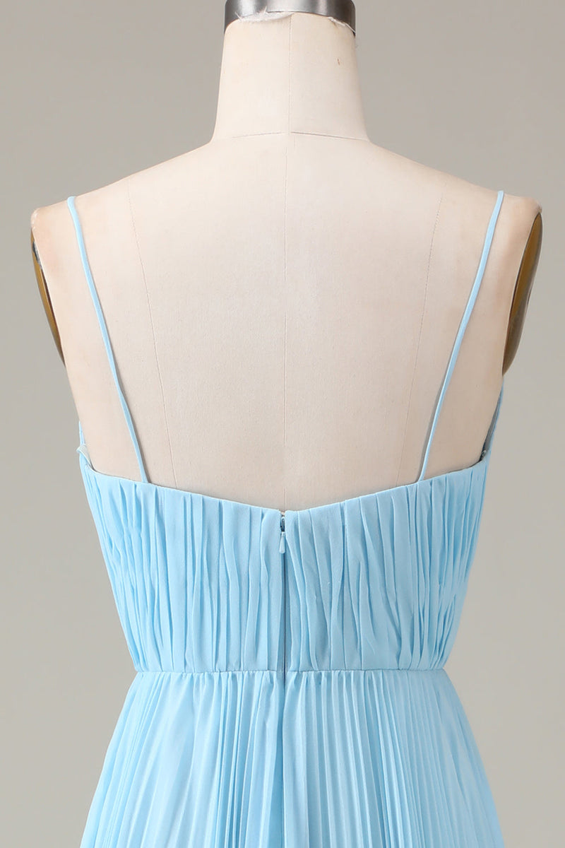 Load image into Gallery viewer, Sky Blue Spaghetti Straps V-neck A-line Pleated Chiffon Bridesmaid Dress