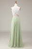 Load image into Gallery viewer, Dusty Sage Halter Neck Lace and Chiffon A-line Floor Length Bridesmaid Dress