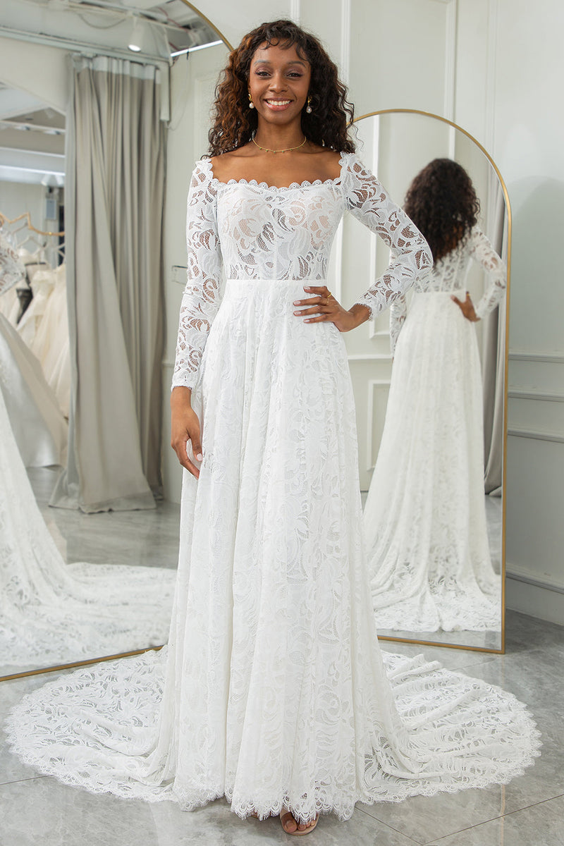 Load image into Gallery viewer, Ivory A-Line Lace Wedding Dress with Sleeves