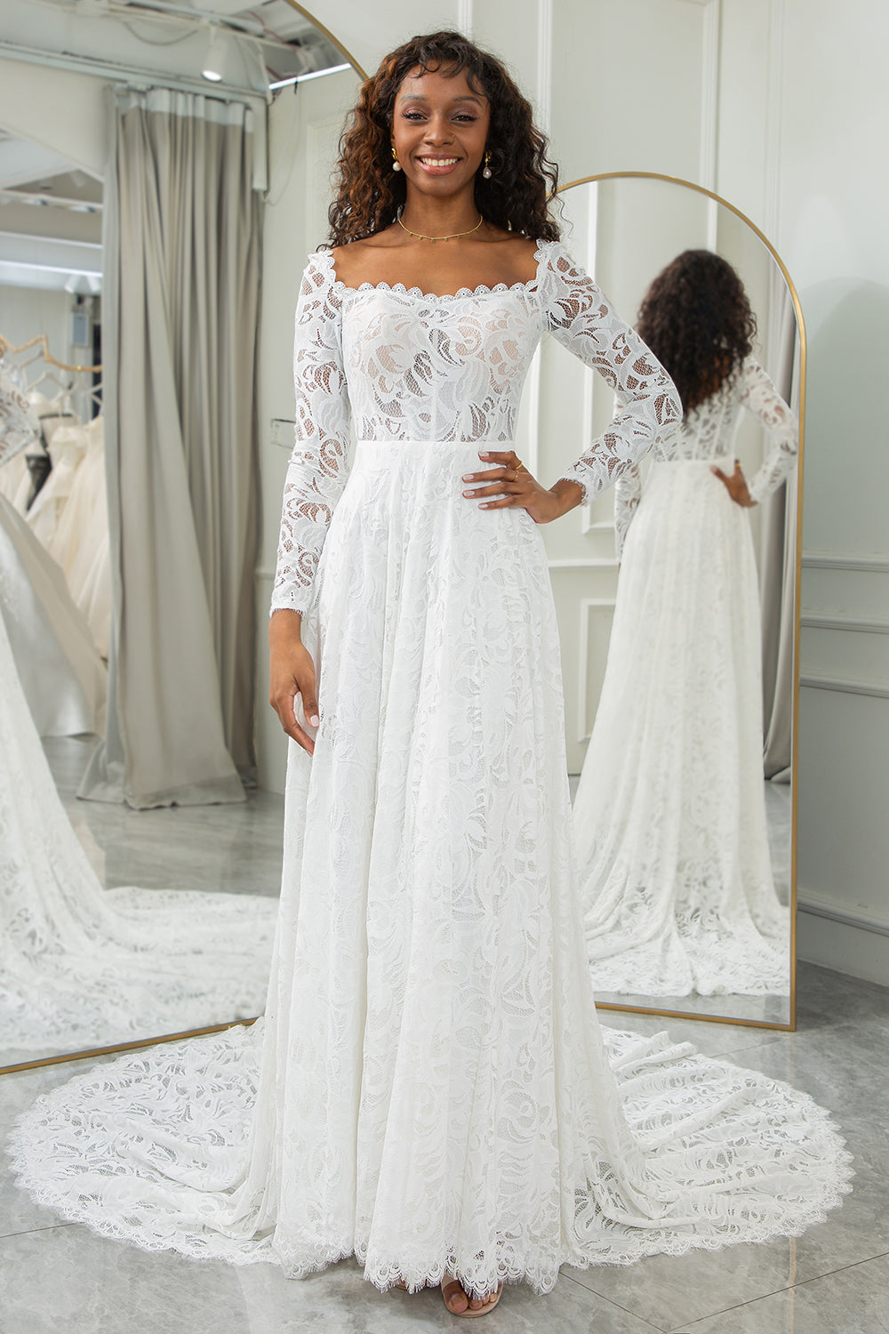 Ivory A-Line Lace Wedding Dress with Sleeves