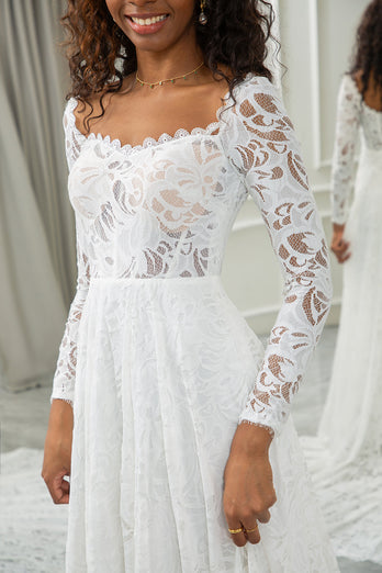 Ivory A-Line Lace Wedding Dress with Sleeves