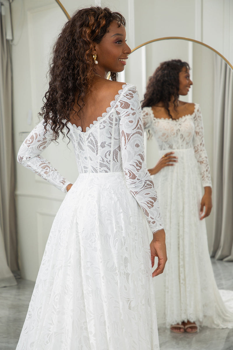 Load image into Gallery viewer, Ivory A-Line Lace Wedding Dress with Sleeves