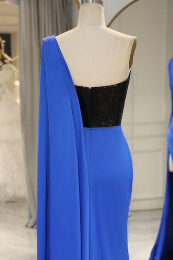 Royal Blue Mermaid One Shoulder Long Formal Dress With Slit