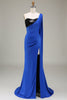 Load image into Gallery viewer, Royal Blue One Shoulder Satin and Sequin Mermaid Pleated Formal Dress with Slit