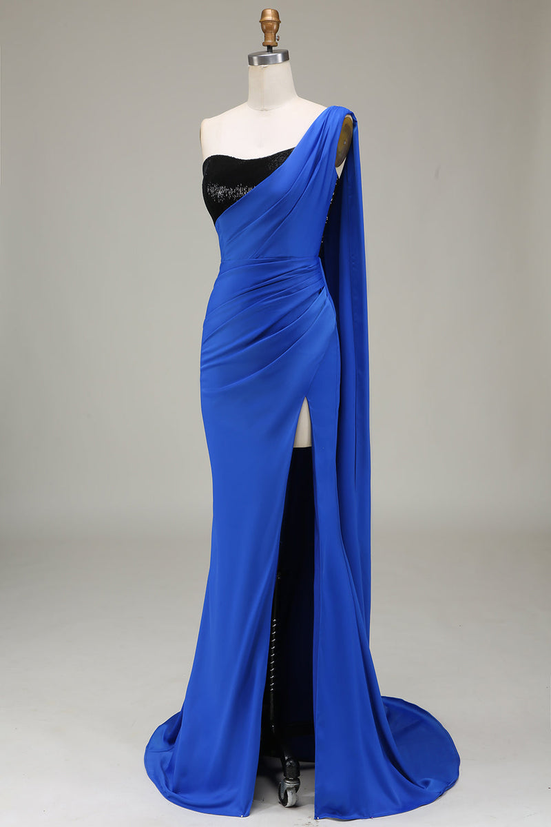 Load image into Gallery viewer, Royal Blue One Shoulder Satin and Sequin Mermaid Pleated Formal Dress with Slit