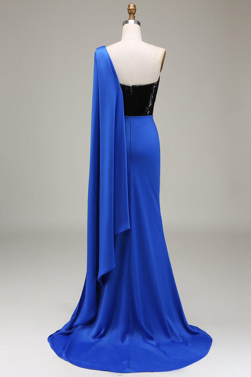 Load image into Gallery viewer, Royal Blue One Shoulder Satin and Sequin Mermaid Pleated Formal Dress with Slit