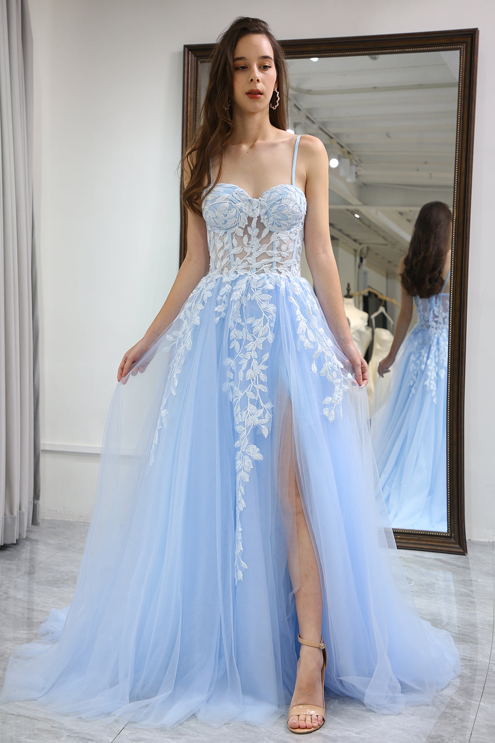 Sky Blue A Line Long Corset Appliqued Formal Dress With Slit