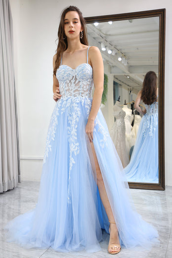 Sky Blue A Line Long Corset Appliqued Formal Dress With Slit