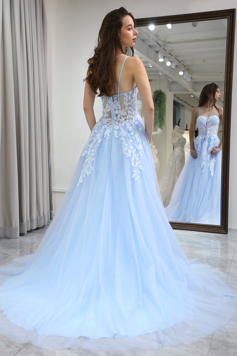 Load image into Gallery viewer, Sky Blue A Line Long Corset Appliqued Formal Dress With Slit