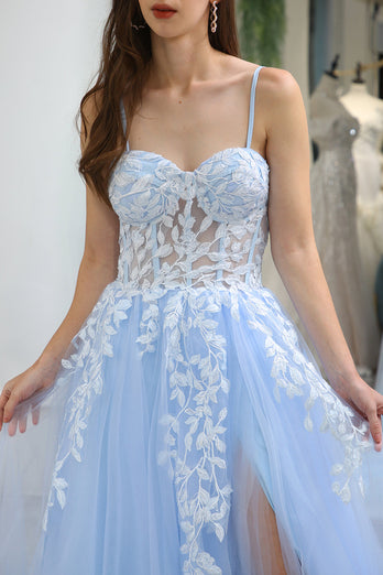 Sky Blue A Line Long Corset Appliqued Formal Dress With Slit