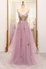 Load image into Gallery viewer, Mauve A Line Tulle Beaded Appliques Long Formal Dress With Front Slit